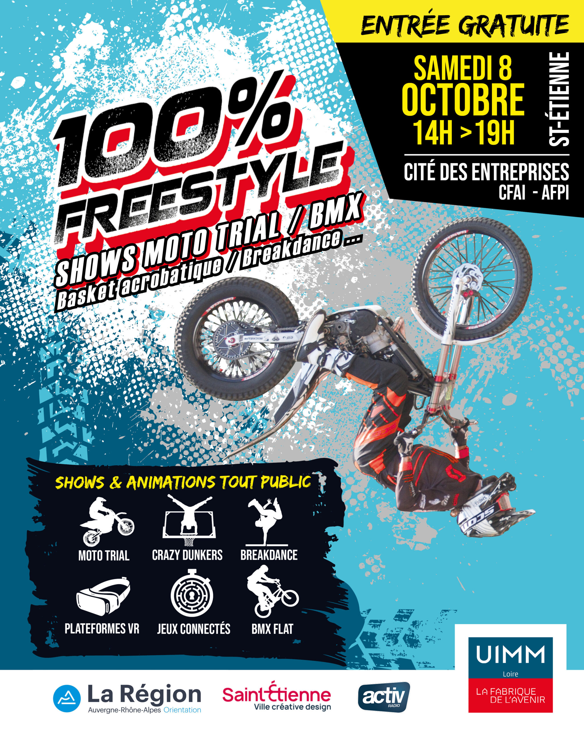 100% Freestyle à Saint-Etienne CFAI AFPI. Depuis sa dernière édition en 2019, l’événement 100% Freestyle revient sur le devant de la scène le samedi 8 octobre de 14h à 19h sur le site de la Cité des Entreprises à Saint-Étienne (CFAI/AFPI) ! Évènement festif où professionnels de moto Trial, BMX, athlètes, danseurs, se partagent la vedette pour la journée.